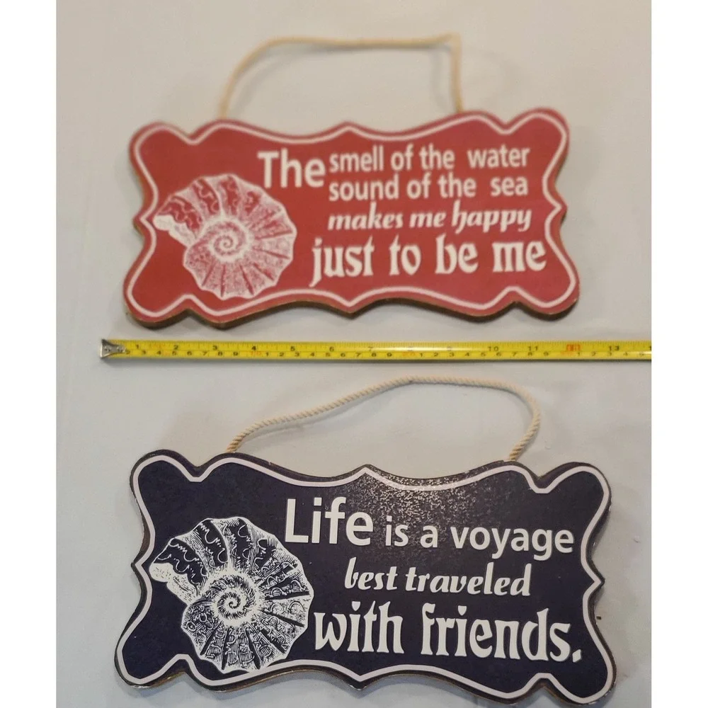 Nautical Wall Hanging Plaques Set of 2 Seashell Coastal Decor Red Blue Rope Sign